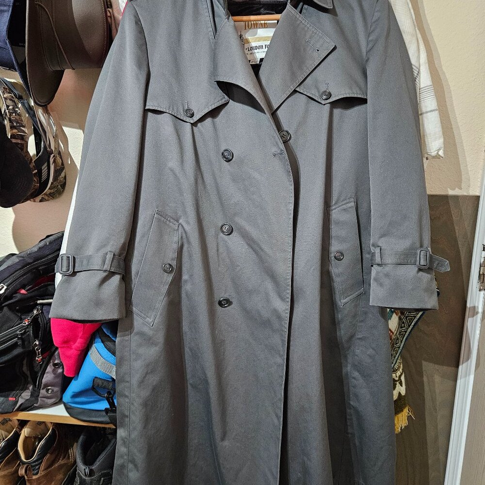 London Fog, trench coat.